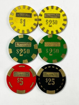 Harrah's Casino 6 - Chip Brass Core Set Including Some HTF Chips