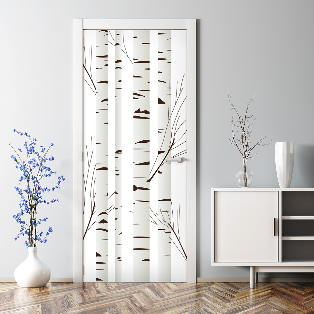 Black white wood Bubble Free birch tree Door Decal Reusable self adhesive