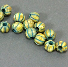 Large Hole 8 mm Melon Beads, Honey Yellow w/Picasso Blue Wash, 0171