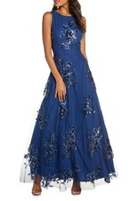 Eliza J Sequin Floral-Print Navy Blue Belted Gown - size 14P / 14 Petite - $288