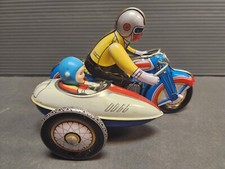 Vintage Tin Windup Motorcycle Toy with Sidecar: Working Condition