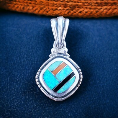 925 Sterling Silver Pendant Inlay Opal Onyx and Coral Hallmarked AD Sterling