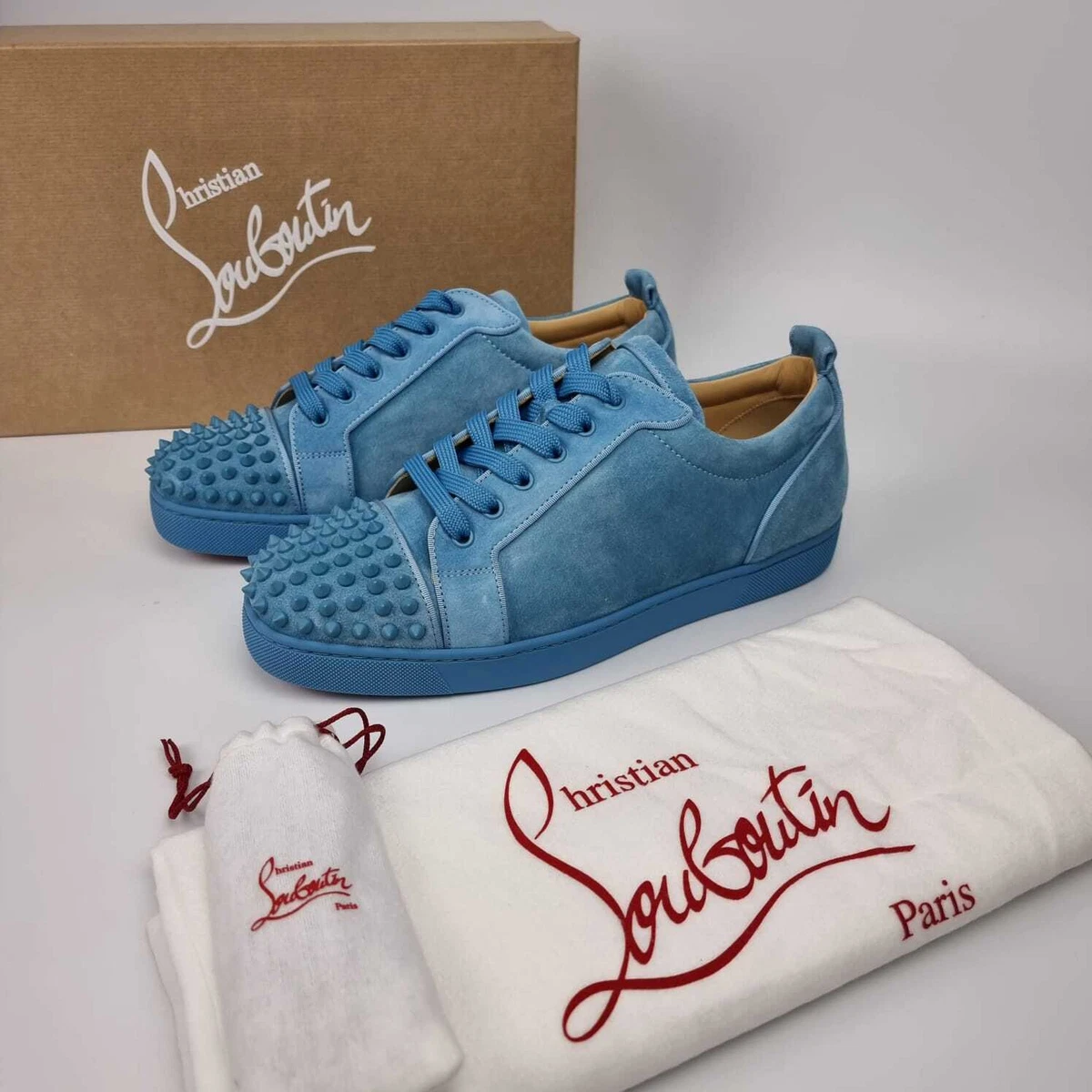 Christian Louboutin Louis Junior Spikes Light Blue Sneakers New