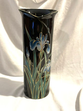 Takahashi San Francisco Black Onyx Blue Iris Vase With Gold 8" Tall