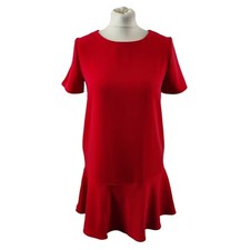 Mango Office Shift Dress Red Size XS Short Sleeves Back Zip Flounce Hem Summer