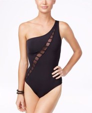 Bleu Rod Beattie Black One Shoulder Mesh Insert 1 Piece Size 4 Swimsuit NWT 125