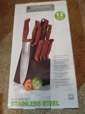 Denmark 12-Piece Stainless Steel Cutlery Knife Set with Black Wood Block