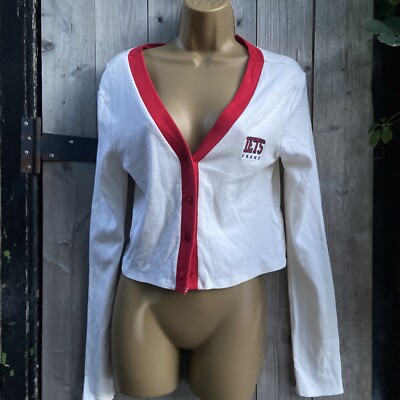 iets frans Urban Outfitters Cropped Cream Red Varsity Style