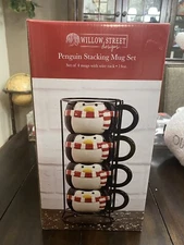 red white penquin stackable 14oz mugs christmas holiday decor Willow Street