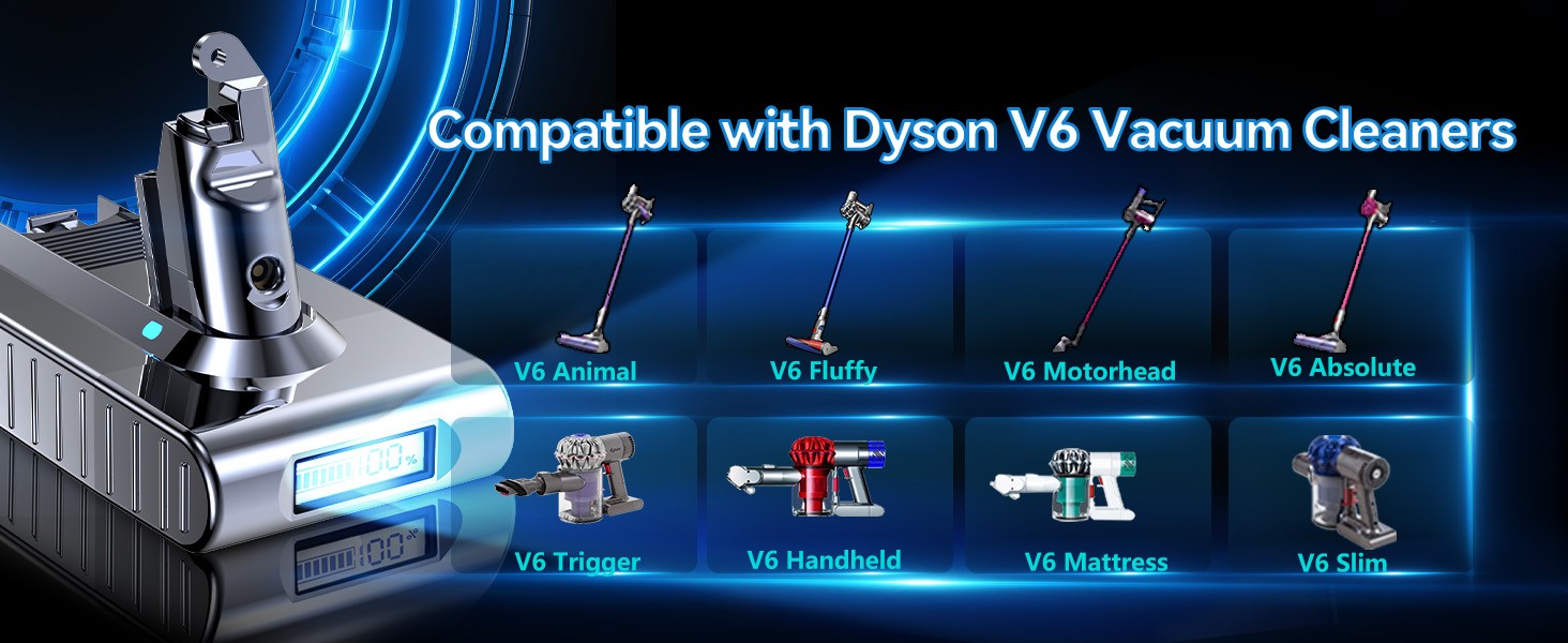 9.5Ah Battery For Dyson V6 DC58 Animal SV03 SV04 SV05 SV06 SV09 with LED Style