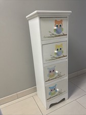 Kinderkommode Weiß 4 Schubladen Handbemalt mit Eulenmotiven HxBxT 92,5x33x26cm