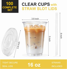  100 Sets - 16Oz Clear Plastic Cups with Lids and Straws, Disposable Iced Co...