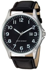 Amazon Essentials Men's Easy to Read 42mm Leather Band One Size, Black/Silver 