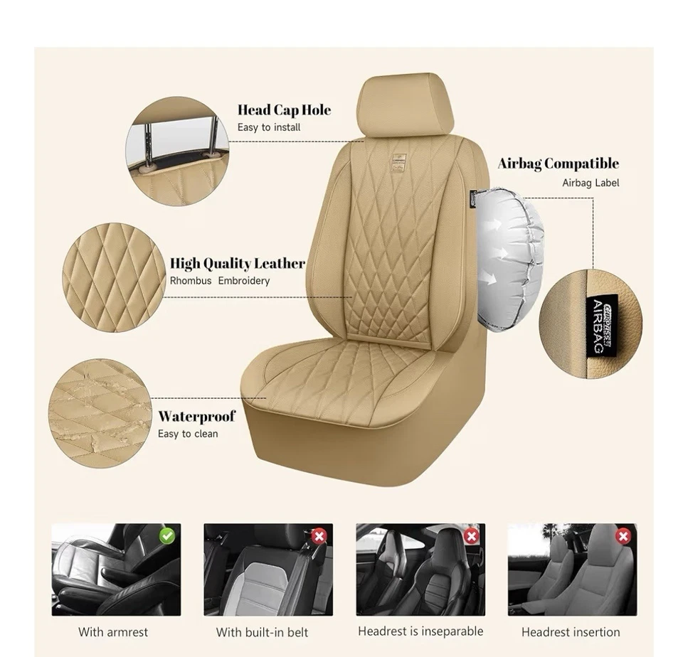 Conjunto completo de capas de assento de luxo tubulação Universal CAR PASS 5 lugares bege impermeável - Imagem 2 de 4