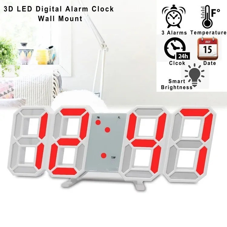 Digital 3D LED Big Wall Desk Alarm Clock Snooze 12/24 Hours Auto Brightness USB