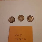 Lot of 3 Roosevelt Dimes 1954, 1954-D, 1954-S Average Circulated 90% Silver