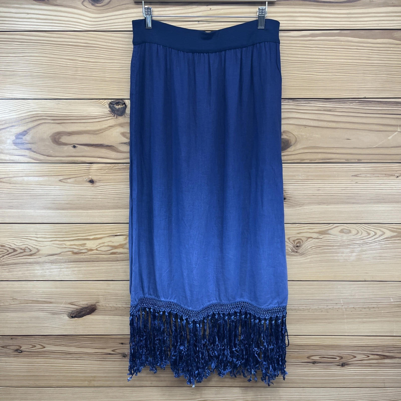 Chicos Maxi Skirt Medium 1 Francesca Blue Ombre Fringe 100%Linen Pull On B88