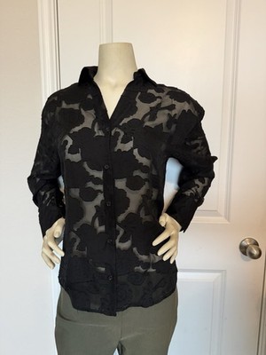 Francesca s Black Floral Print Sheer Button Down Long Sleeve Blouse