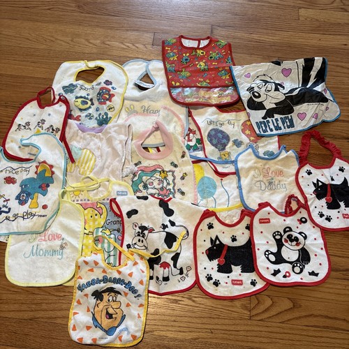 Vintage Lot Of Bibs; Animals, Cute Sayings, Characters. Tie Straps, Button Clasp