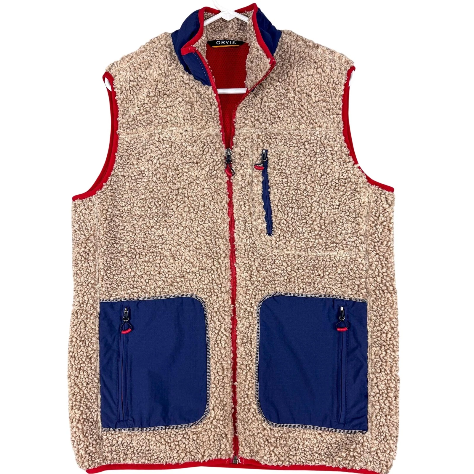 Orvis Vest Mens Medium Beige Sherpa Fleece Full Zip Navy Pockets Outdoor Fishing