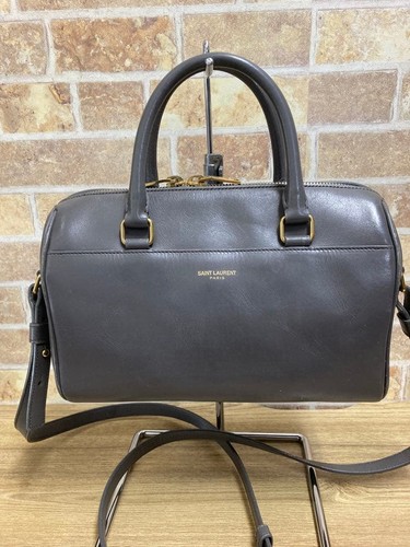 YSL Saint Laurent Baby Duffle Handbag Shoulder Bag Gray Leather 2way Zip Women's