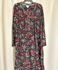 Aria Collection Floral Print On Black Background, Velour Long Nightgown, 3X