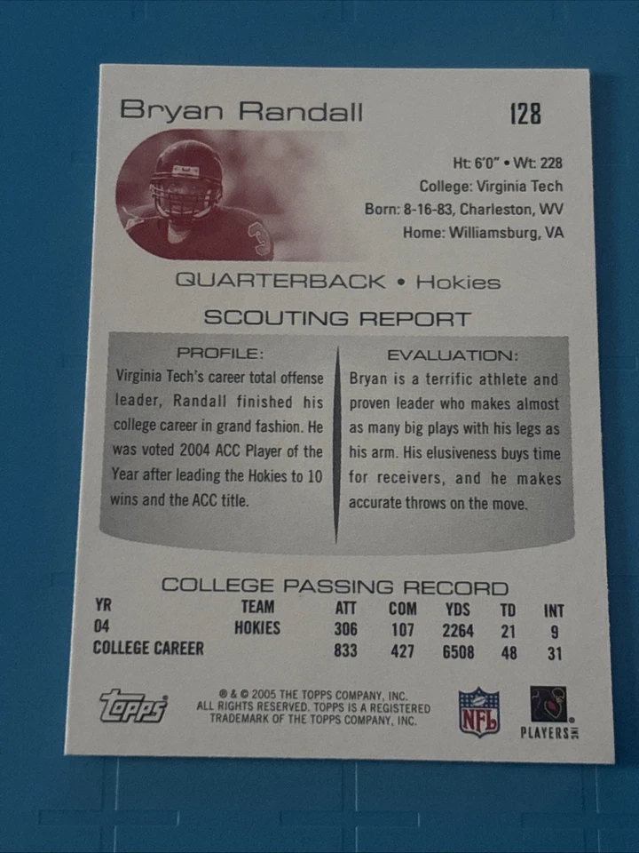 Bryan Randall 2005 Topps Draft Picks & Prospects #128 Virginia Tech - Image 2 of 2
