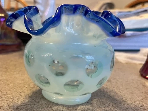 Fenton Aqua Crest Dot Optic Vase Blue Ruffled Rim