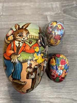 Vtg Large Paper Mache Drunken Rabbit Easter Egg Western Germany Paper Lace Liner