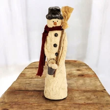VTG Christmas Snowman Primitive Folk Art Rustic Whimsical Farmhouse Broom 13"