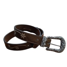 Nocona Cowgirl Belt Silver Buckle Rhinestone Genuine Leather M Tan Embroidery