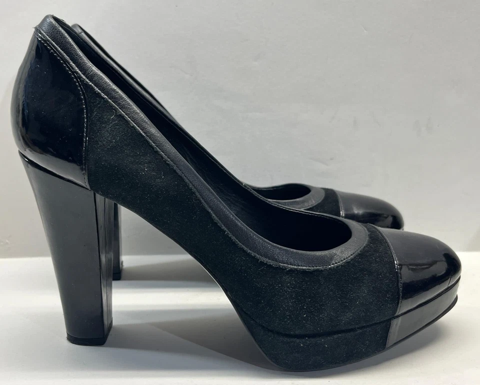 Sapato Feminino Banana Republic Preto Tamanho 9.5 Salto Couro Patente Camurça Plataforma - Imagem 2 de 4