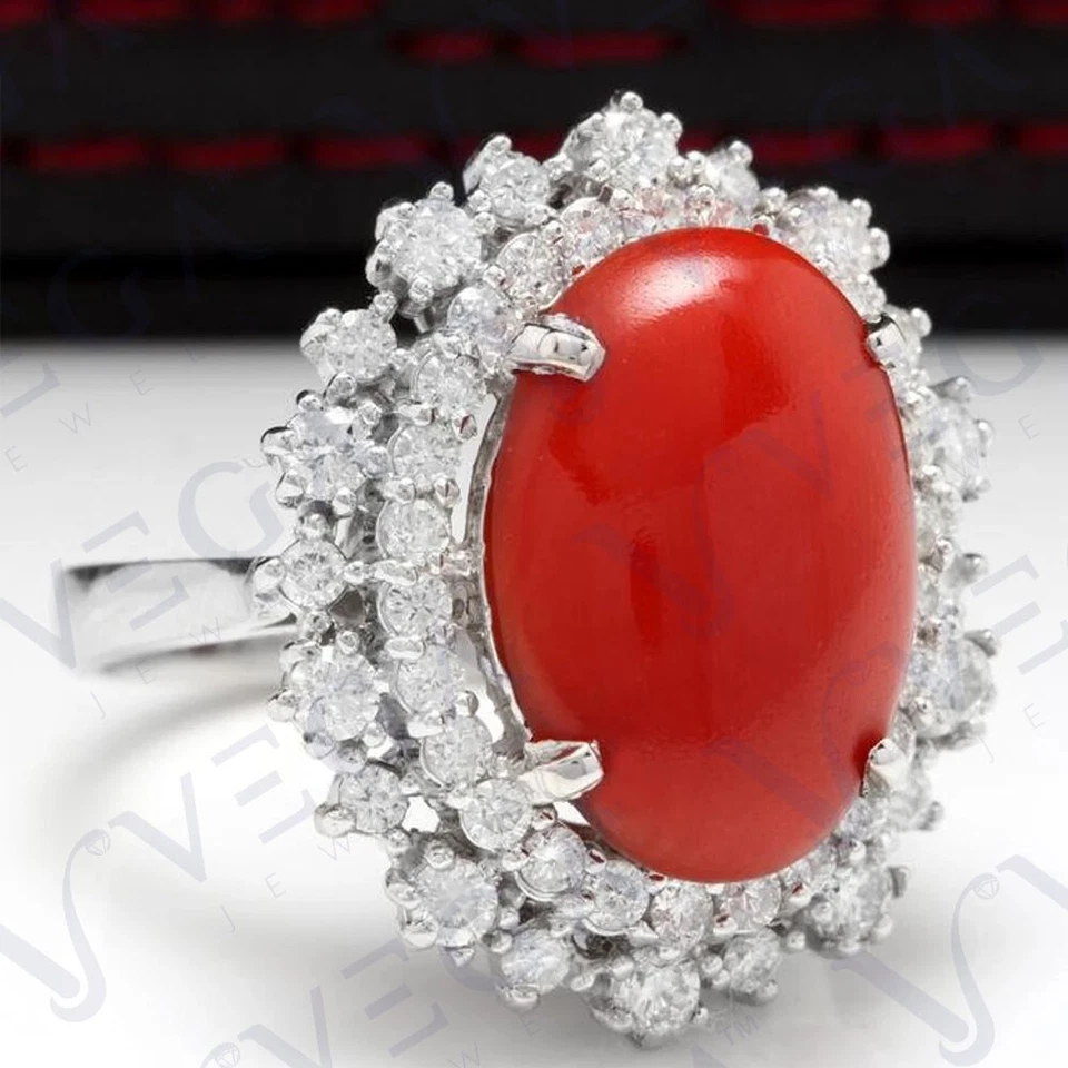 Alianza enchapada en oro blanco de 18 quilates de coral rojo natural y diamantes en forma ovalada de 6,40 quilates Foto 2 de 4