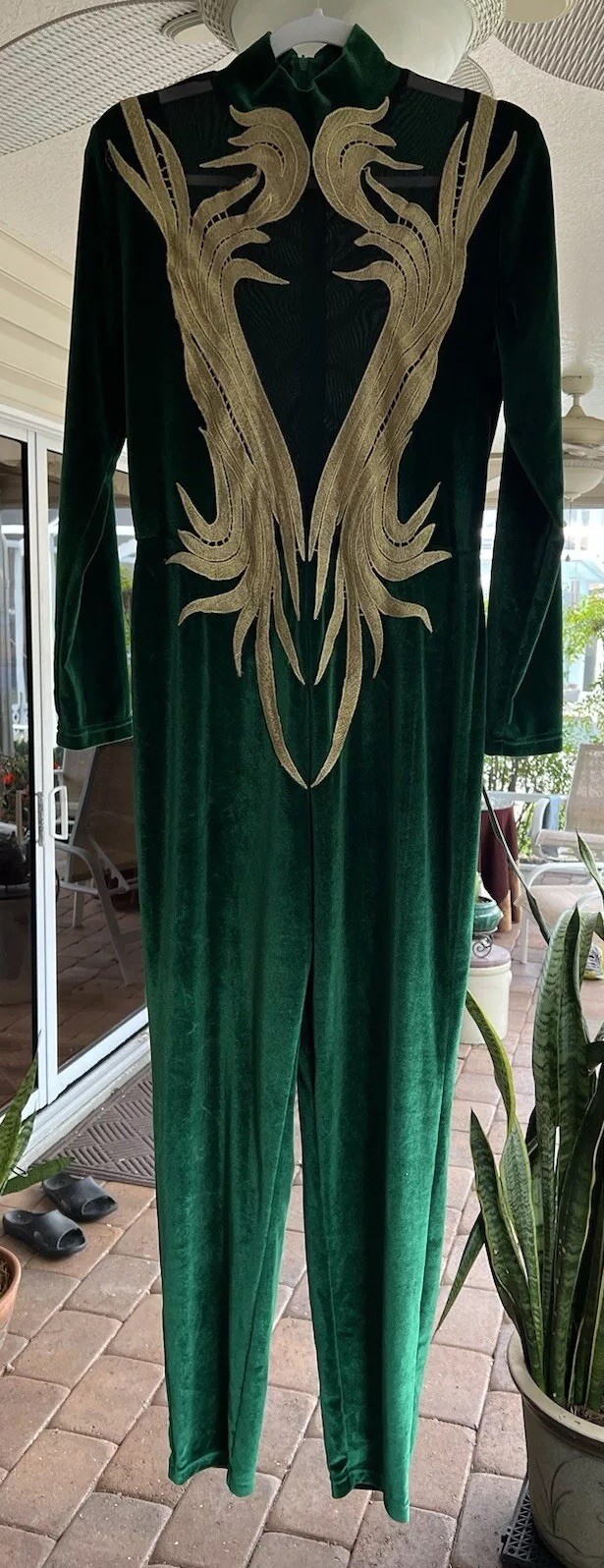 Mono de terciopelo verde con apliques dorados traje de gato mameluco hojas de gloria Star Trek M��