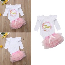 Infant Baby Girls 1st Birthday Outfit Lace Romper Bodysuit Cake Smash Tutu Skirt
