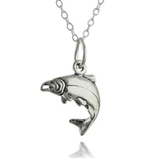 Salmon Charm Necklace - 925 Sterling Silver - Fishing River King Fish Alaska 