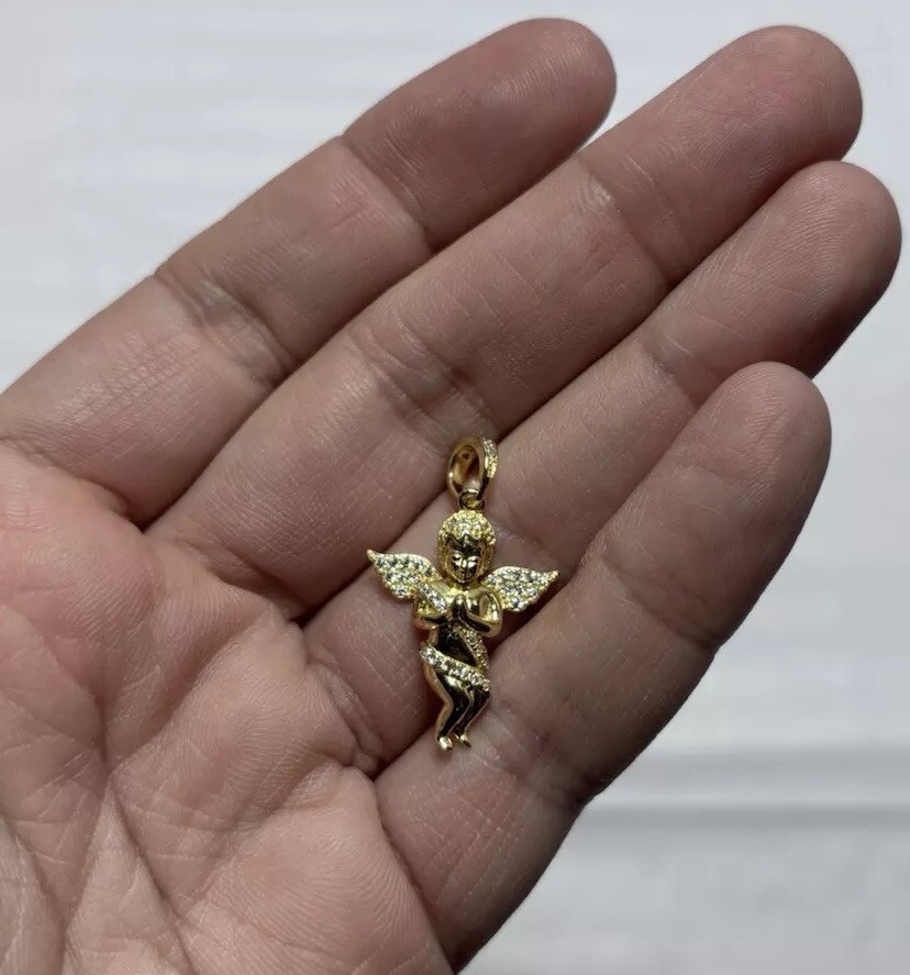 MEN WOMEN 925 STERLING SILVER BLING CZ SMALL ANGEL WING GOLD PLATED PENDANT