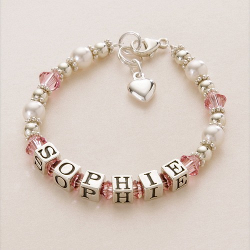 Personalised Child baby Christening Bracelet for Girls. Silver Pearl