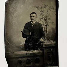 Antique Tintype Photograph Handsome Man Bowler Hat Distressed
