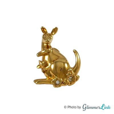 Vintage 1990s Avon Mama Kangaroo Baby Joey Gold Tone Rhinestones Pin