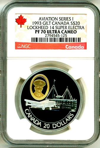1993 Canada S$20 Gilt Aviation Series I Lockheed 14 Super Electra NGC PF70 UC