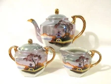CHIKARAMACHI LUSTERWARE TEAPOT SUGAR & CREAMER HAND PAINTED COUNTRY RIVER SCENE