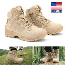 Men's Leather Zip Military Tactical Boots Motorcycle Combat Ankle Hiking Boots