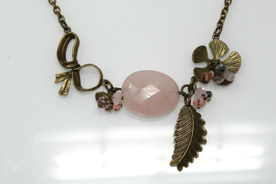 Collar antiguo dorado PARK LANE cuarzo rosa flor arco hoja encanto  Foto 2 de 4