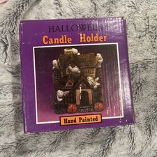 Vtg 4.5x5” Hand Painted Porcelain Tea Light Candle Holder Haunted House Ghost