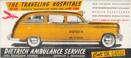 Vintage Advertising Ink Blotter Deitrich Ambulance Service Detroit