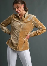 Umgee Women's Velvet Textured Button-Down Long Sleeve Top in Taupe