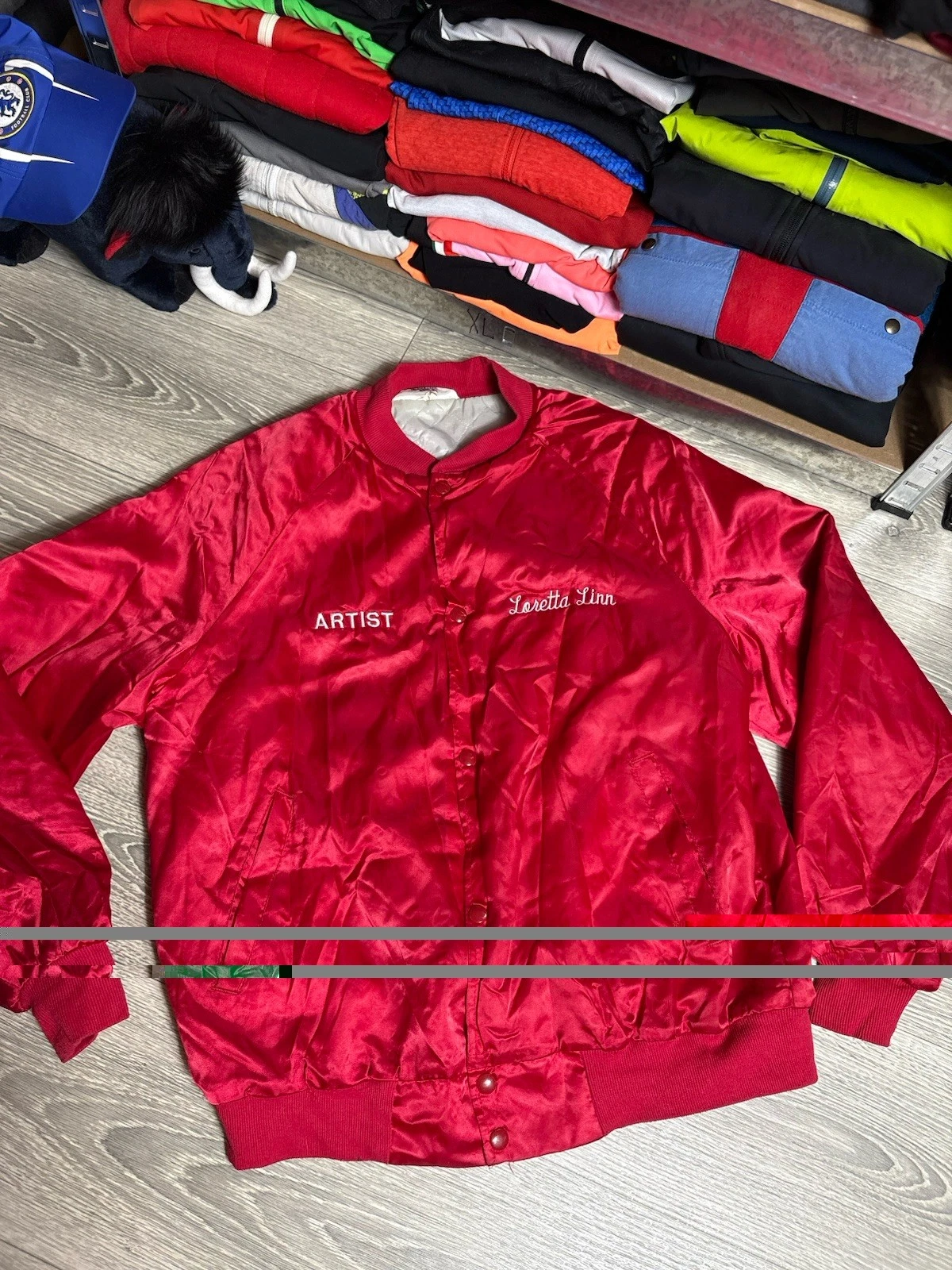 Vtg 80's West Ark USA Red Shiny Bomber Loretta Linn Artist Jacket Arizona Sz L