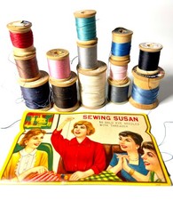 Lot of vintage Wood spools of sewing thread Sewing Susan needles
