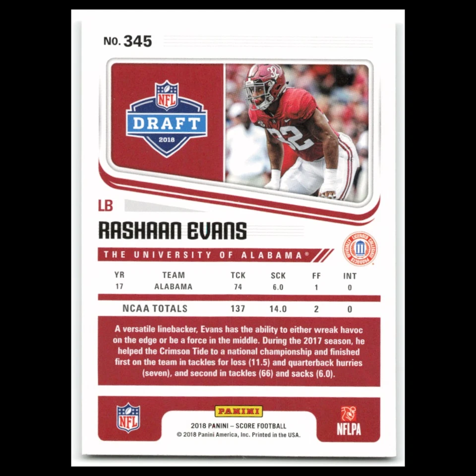 Rashaan Evans Rookie #345 2018 Score Alabama Crimson Tide Football Card NFL NM - Image 2 of 3